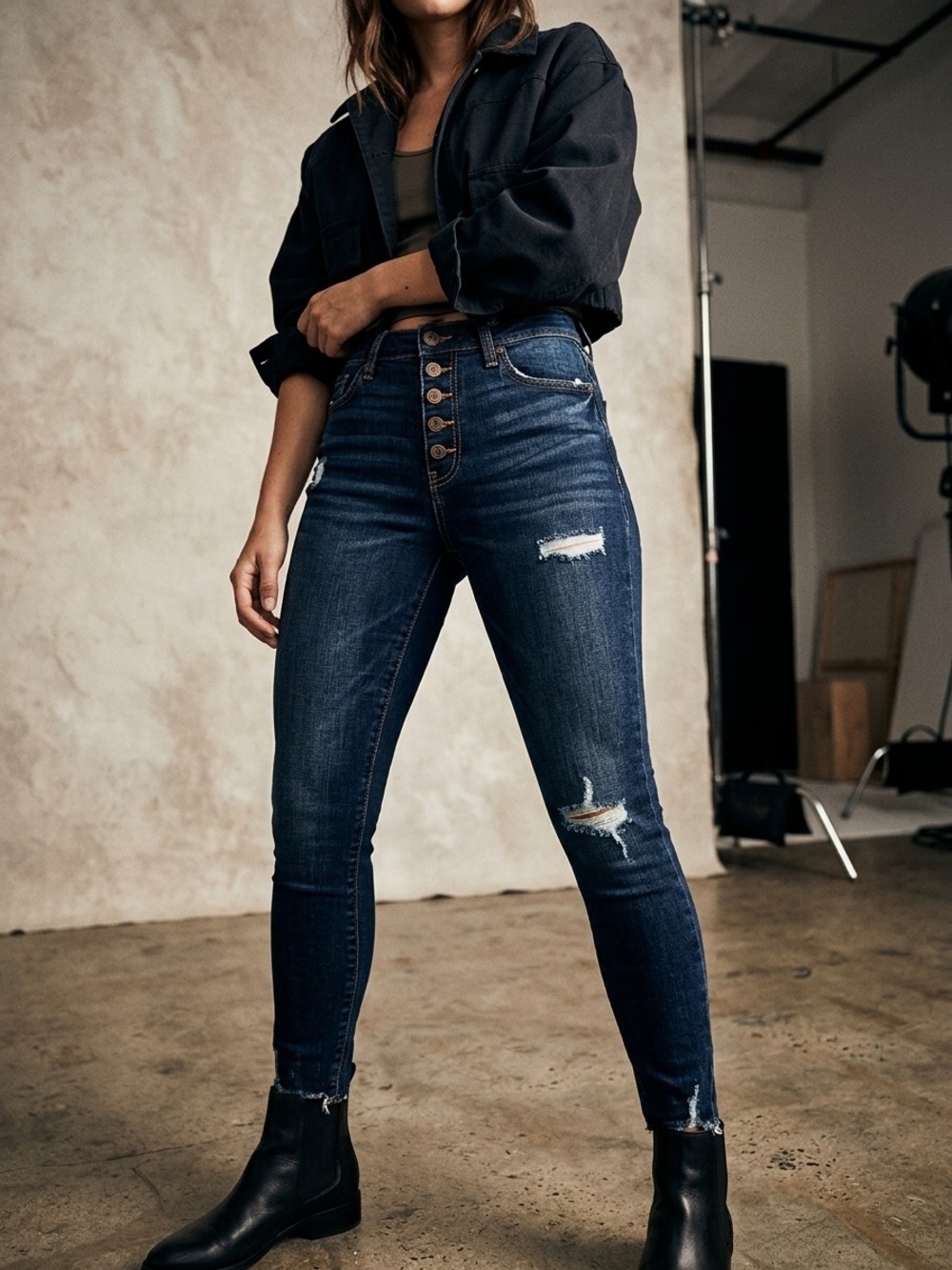 Time and Tru Dark Blue High-Rise Button-Fly Skinny Jeans